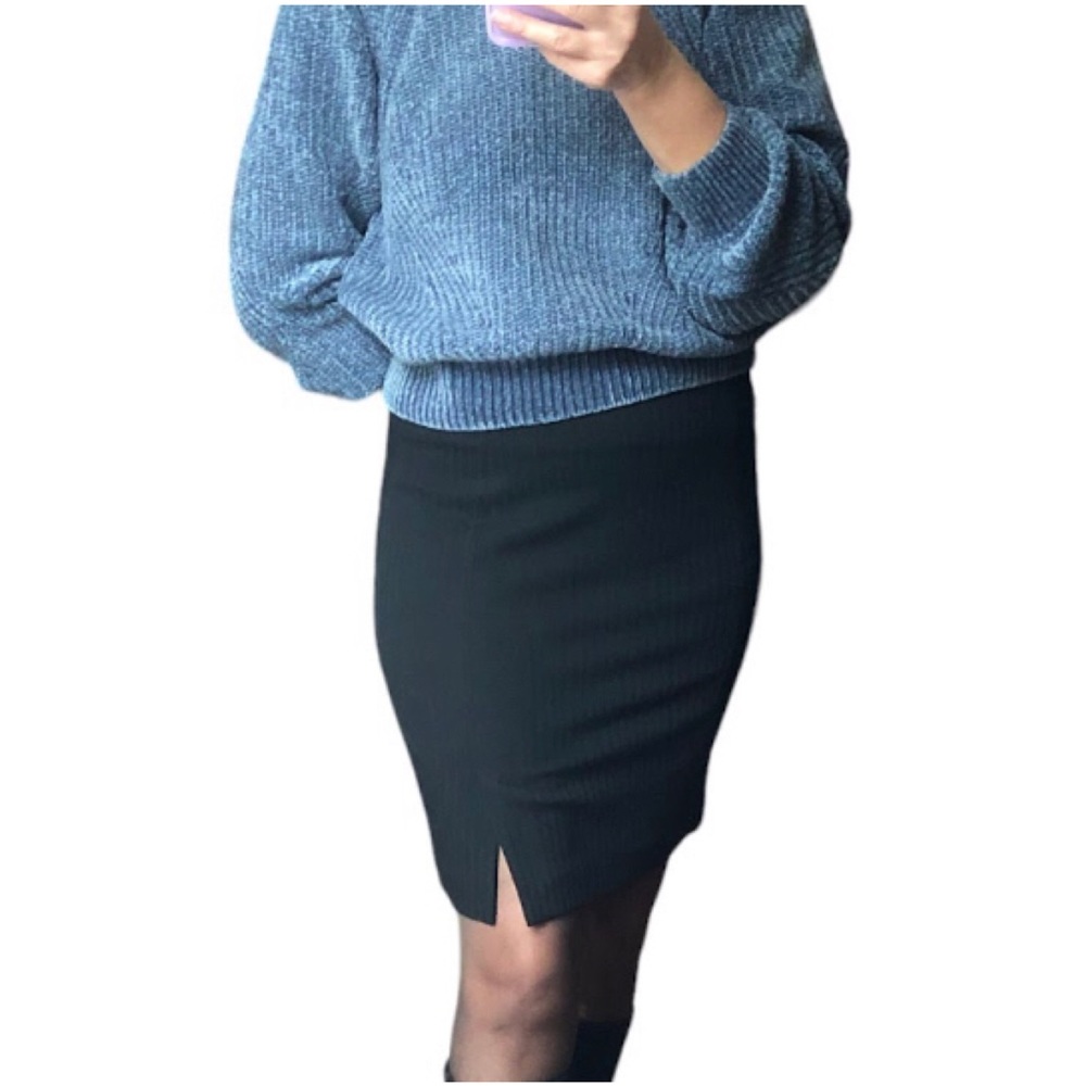 Centre Ville Paris Black Above Knee Pencil Skirt Stretch Front Vent Career